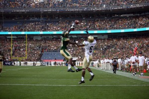 CSU Rams Bernard Blake defends a pass against Colorado.